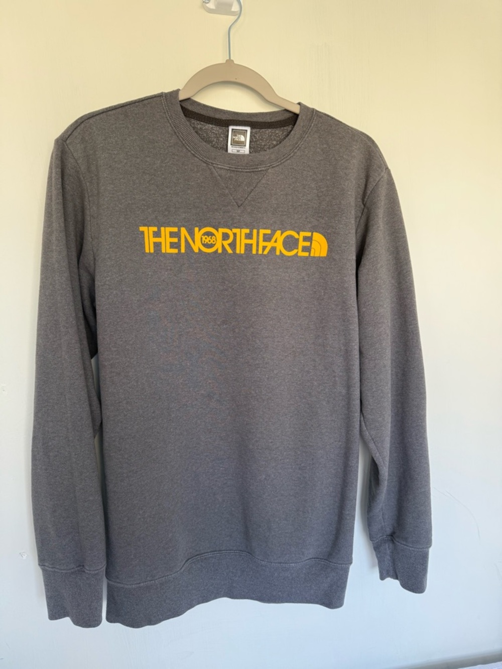 Vintage The North Face Men's Charcoal Crewneck Sweatshirt with Yellow Logo
